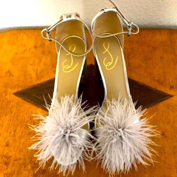 New SAM EDELMAN Yaro Silver Feather & Leather Sandals 4" Block Heel 8.5 - Picture 5 of 9